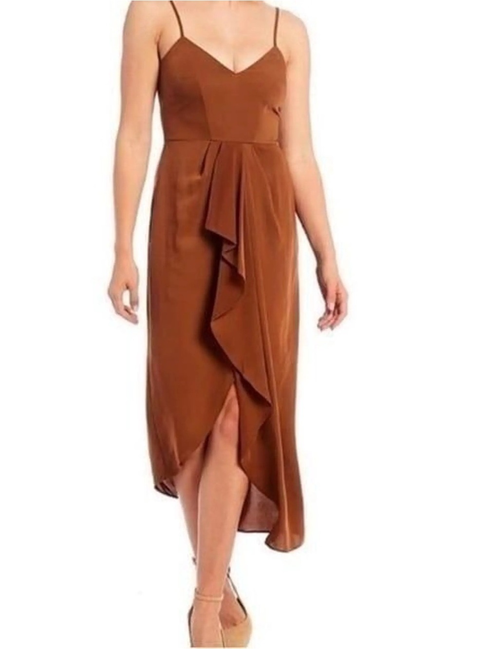 Gianni Bini Brown Asymmetrical Ruffle Midi Dress | 10 | Fall Formal